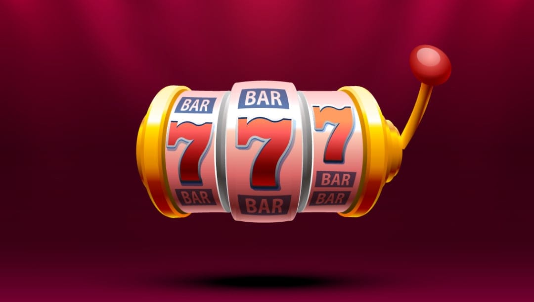 A gold slot reel with three red sevens and the BAR symbol. The background is red.