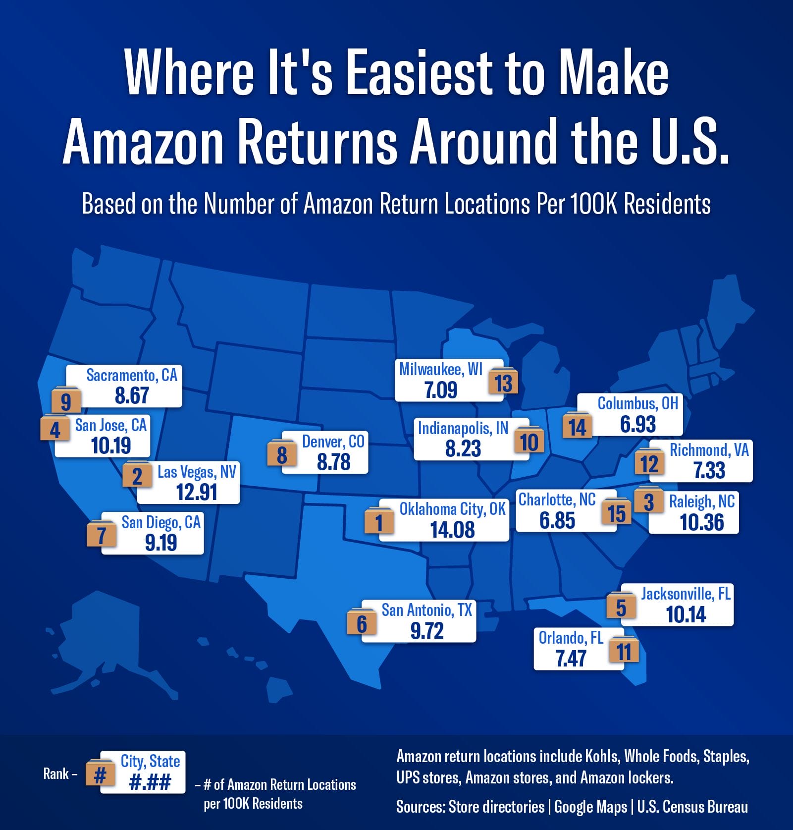 a U.S. map plotting the cities where it’s easiest to make Amazon returns