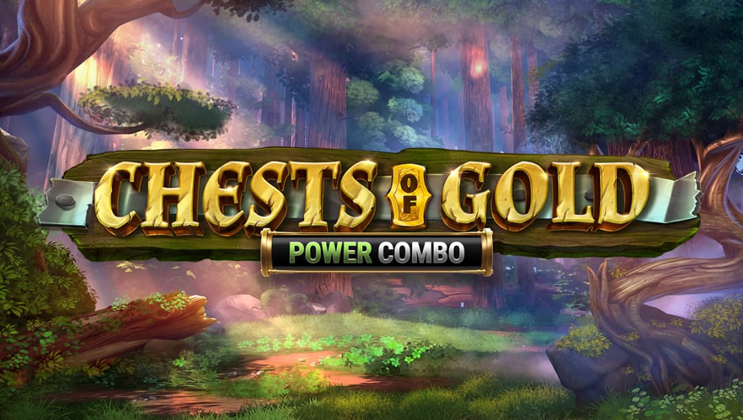 he title screen for the Chests of Gold Power Combo slot. The game title appears to be pinned to a sheet of metal on a wooden plank. In the background, there is a mythical-looking forest with rays of sunlight shining through the trees.