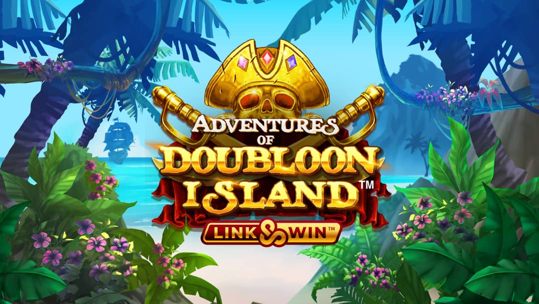 The title screen for the Adventures of Doubloon Island slot game. A golden skull wearing a pirate hat appears behind the game logo with two crossed swords. In the background, trees frame the screen, leading to a beach with a pirate ship floating in the ocean in the distance.