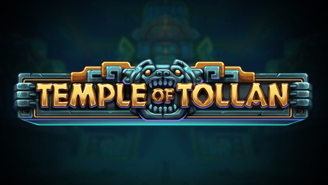 The title screen of Temple of Tollan. The game title is spelled out in gold letters on a long obsidian stone block. There is a carving of a jaguar head in the stone. It has its mouth open with the word “Of” inside it and it looks like its two paws are holding the game title.