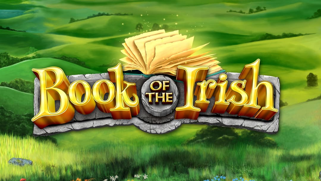 The Book of the Irish online casino game loading screen featuring the game logo against a background of green fields.