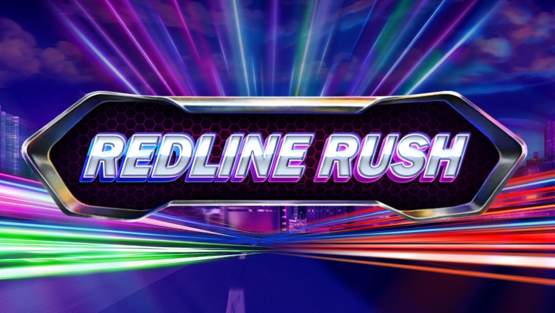 The title screen for Redline Rush. The game logo appears in a silver frame. In the background is a road running through a city at night. Neon lines run across the screen, making it look like a first-person view of speeding down the road.