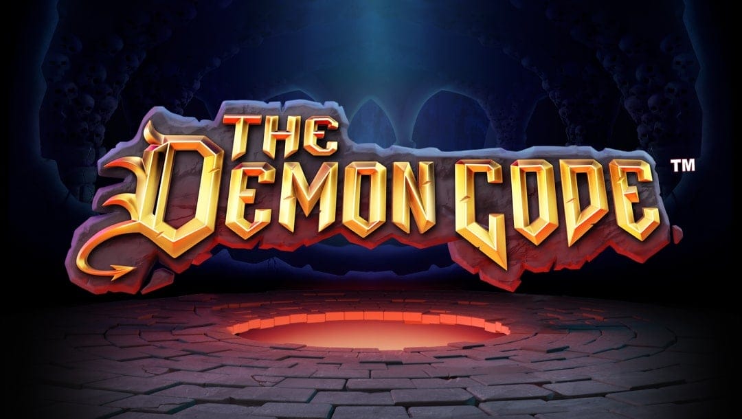 The Demon Code online slot game showing the game logo with a glowing hole in the floor in the background.