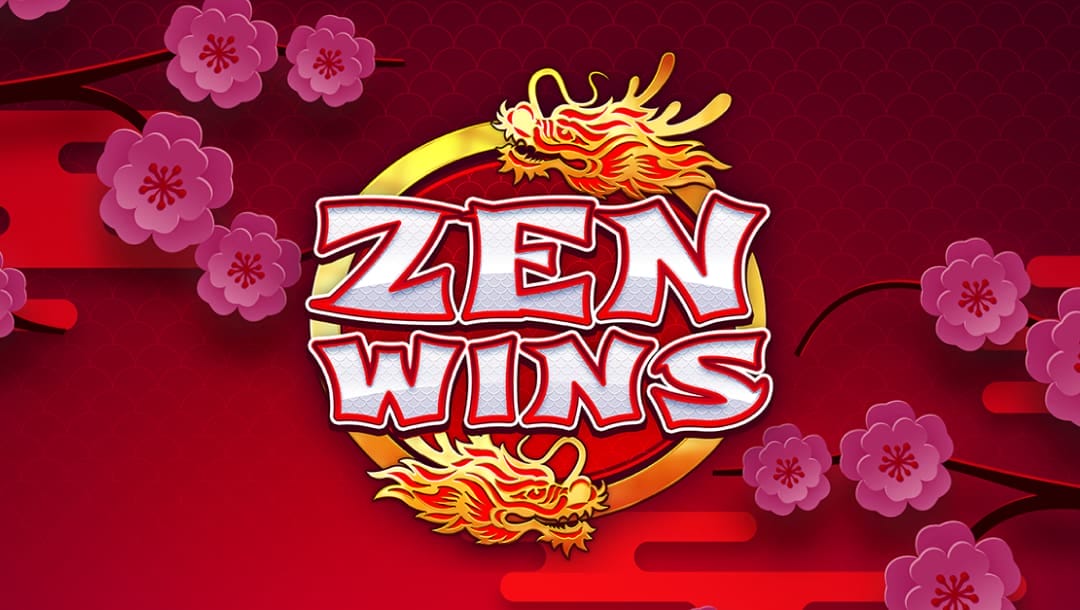 The Zen Wins logo, featuring two yellow dragon heads, over a deep red background with pink sakura flowers to the left and right.