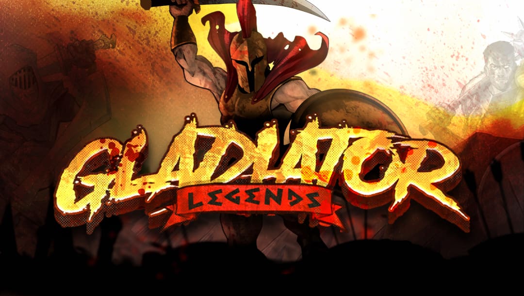 The Gladiator Legends online slot game loading screen featuring the game title, and a gladiator swinging his sword in the background.