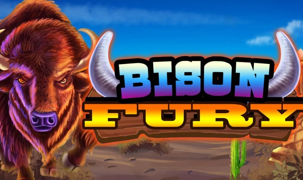 The Bison Fury online slot game banner showing the game title, and a bison with a desert in the background.