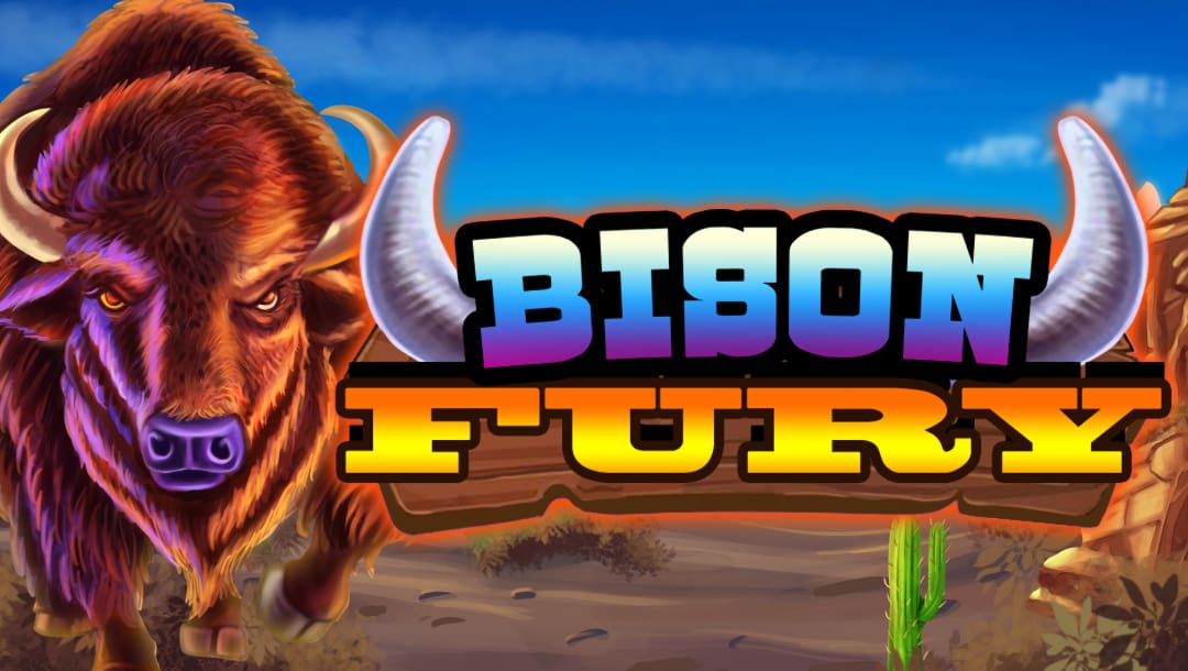 The Bison Fury online slot game banner showing the game title, and a bison with a desert in the background.