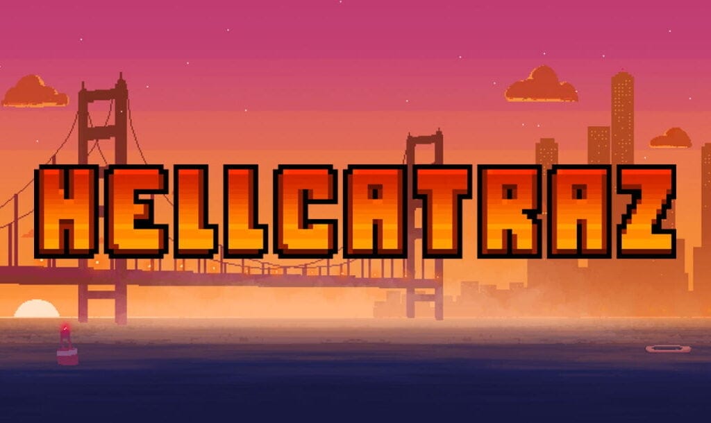 The Hellcatraz online slot game banner showing the game title with a pixilated Golden Gate Bridge with the San Francisco skyline in the background.