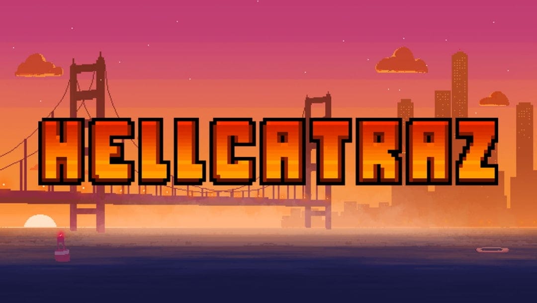 The Hellcatraz online slot game banner showing the game title with a pixilated Golden Gate Bridge with the San Francisco skyline in the background.