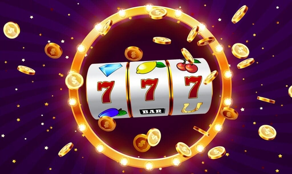 A vector image of a slot wheel showing a triple seven, with gold coins bursting out of the slot wheel, and a gold ring with lights surrounding the slot wheel.