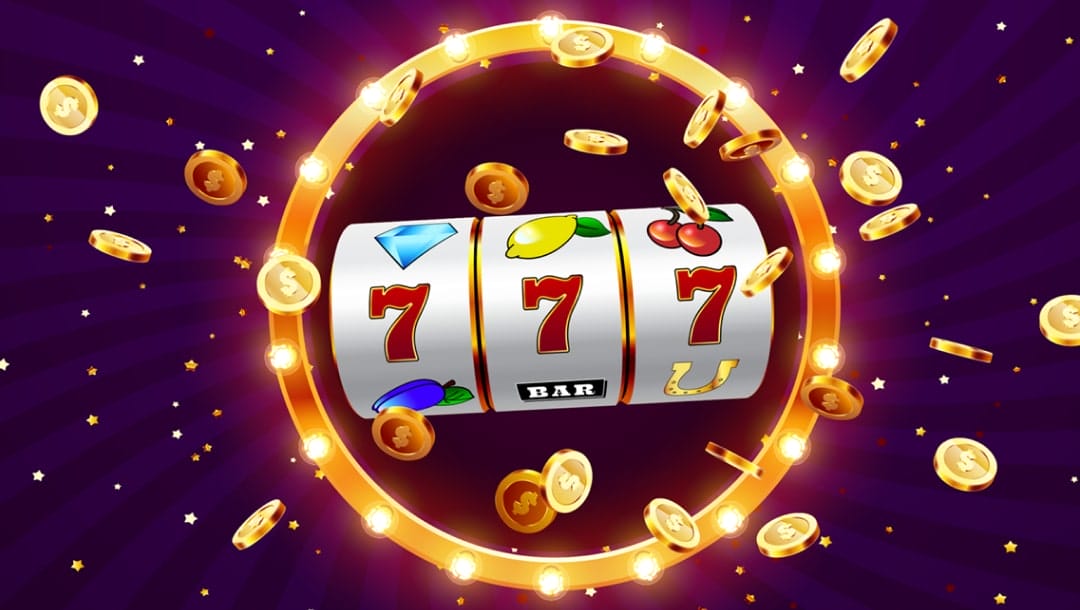 A vector image of a slot wheel showing a triple seven, with gold coins bursting out of the slot wheel, and a gold ring with lights surrounding the slot wheel.