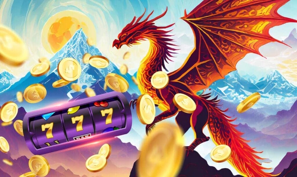 A vector slot wheel showing a triple seven, and gold coins splashing out over the image with a dragon and a mountain range in the background.