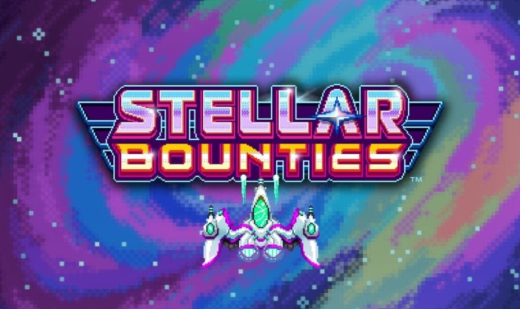 The Stellar Bounties online casino game loading screen featuring the game logo and a pixelated space scene in the background.