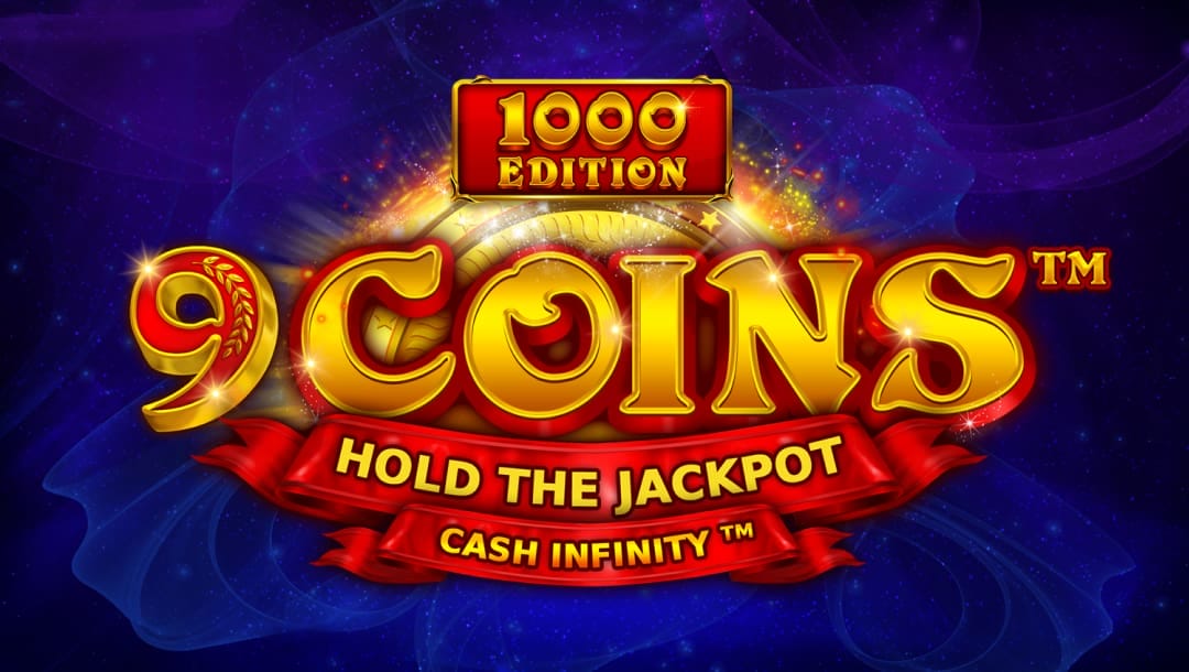 Loading screen of the 9 Coins 1000 Edition online slot game showing the game logo on a sparkly blue background.