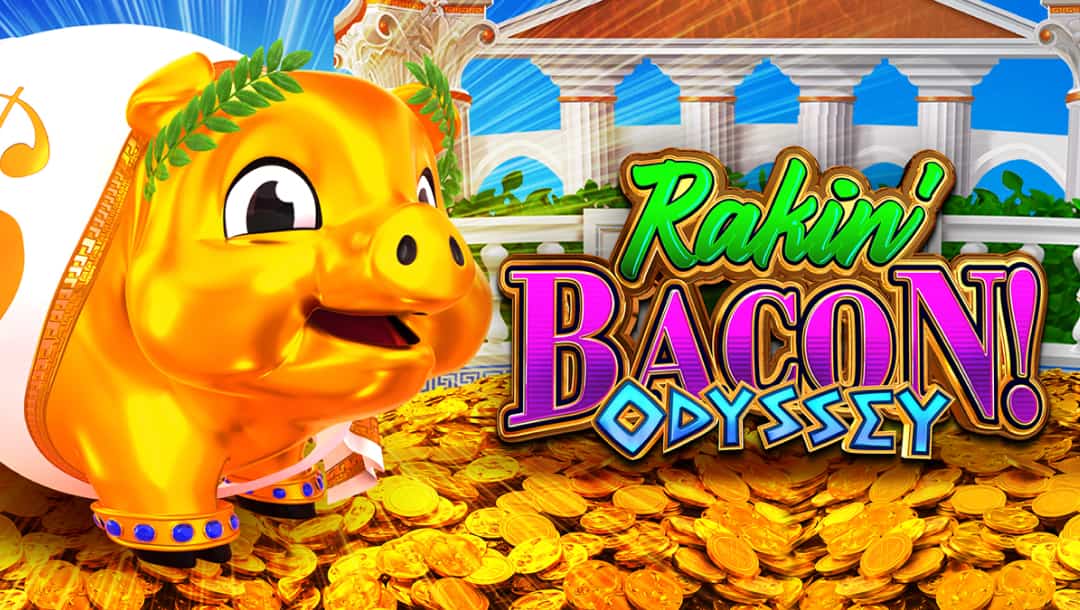 The title screen for the Rakin’ Bacon Odyssey slot game. Cornsquealius the pig stands on a pile of gold coins next to the game logo. In the background is an ancient Greek temple with white stone walls and arches between each pillar.