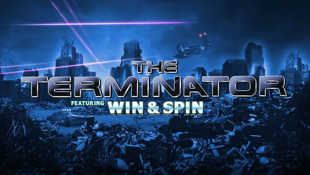 The Terminator Win and Spin online slot game loading screen featuring the game and movie logo with a scene from the movie in the background.