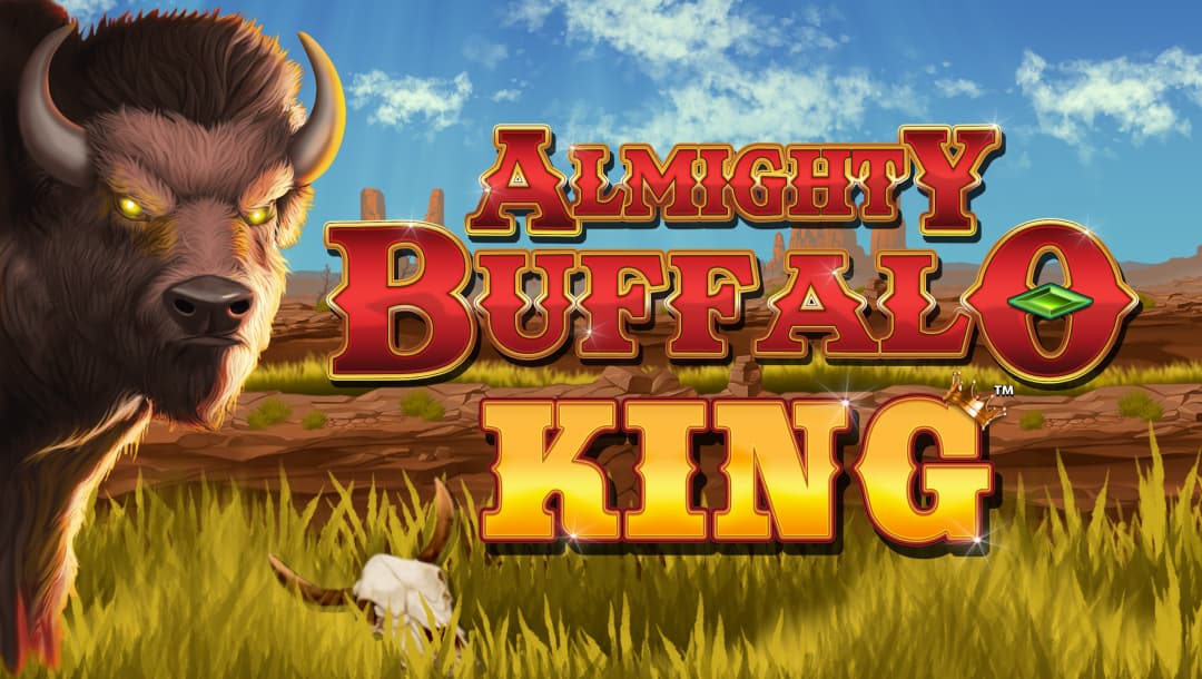 The loading screen of the Almighty Buffalo King online slot game featuring the game title, a buffalo, and a desert-type setting in the background.