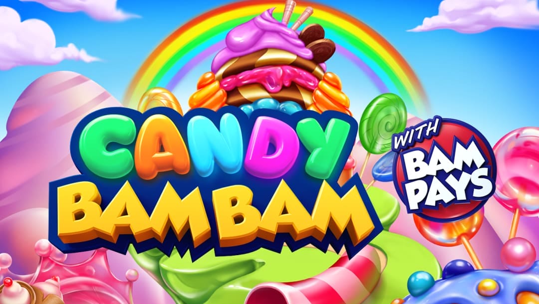 The Candy Bam Bam online slot game loading screen featuring the game logo, and a candy land in the background.