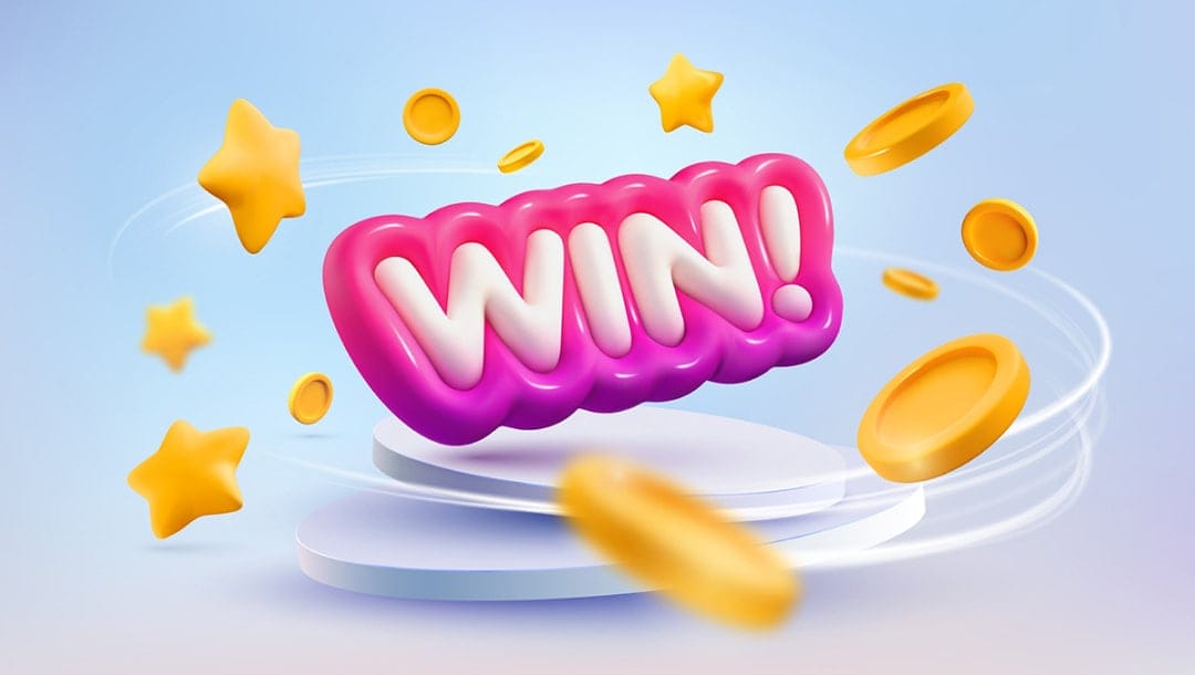 The word “Win” in graphic white letters with a pink-purple frame. The text looks blown up like a balloon and is surrounded by gold coins and stars.