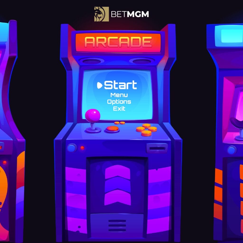 An artistic rendering of arcade machines awaiting play to begin