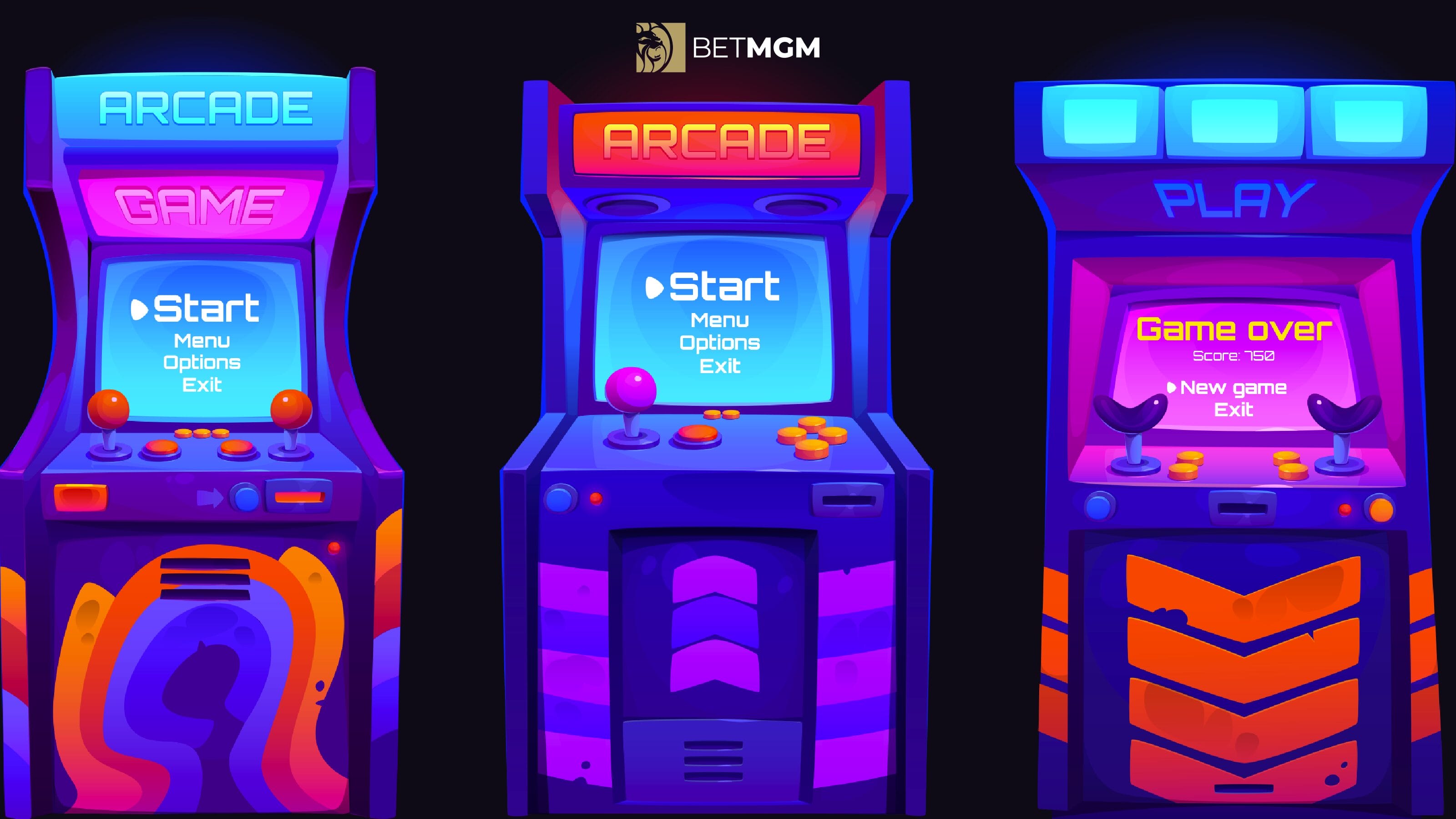 An artistic rendering of arcade machines awaiting play to begin