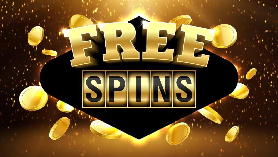 A concept image for bonus spins in online slot games. The word “Free” is spelled out in bold, golden letters and appears on top of the word “Spins” spelled out across the reels of a slot game. The words have a black diamond behind them, to separate them from the background, which is made up of gold coins and sparks on a dark backdrop.