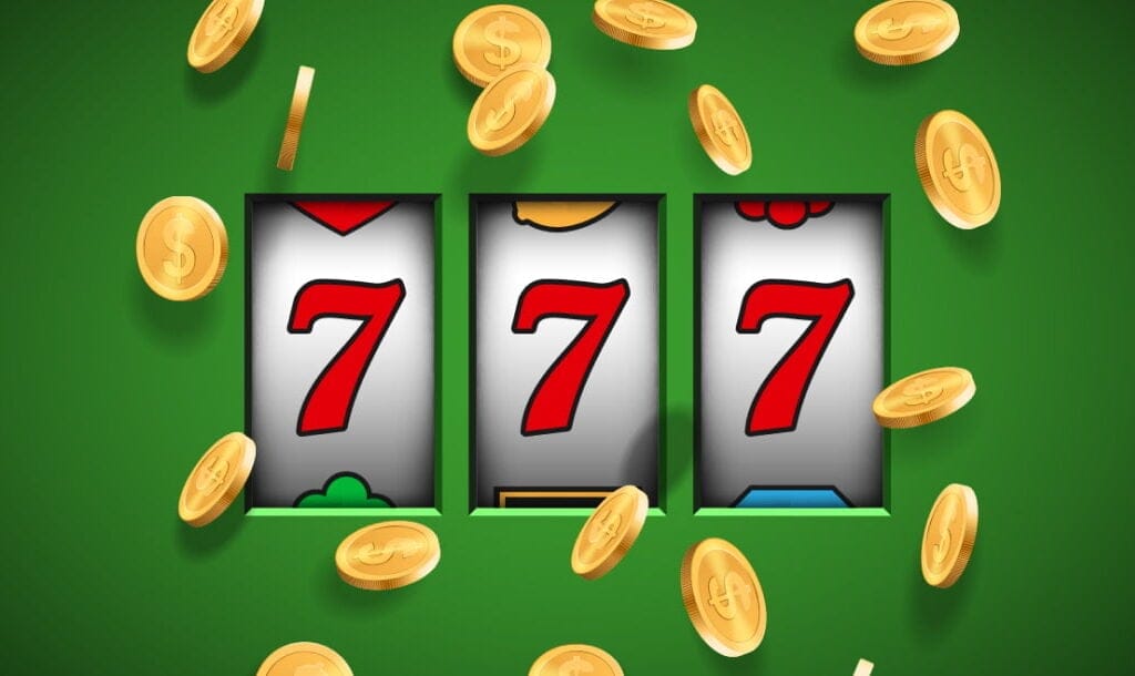 A concept image for a classic, 3-reel slot. Three single-row reels appear in a green frame with 7s on each reel. Gold coins are scattered around the image.