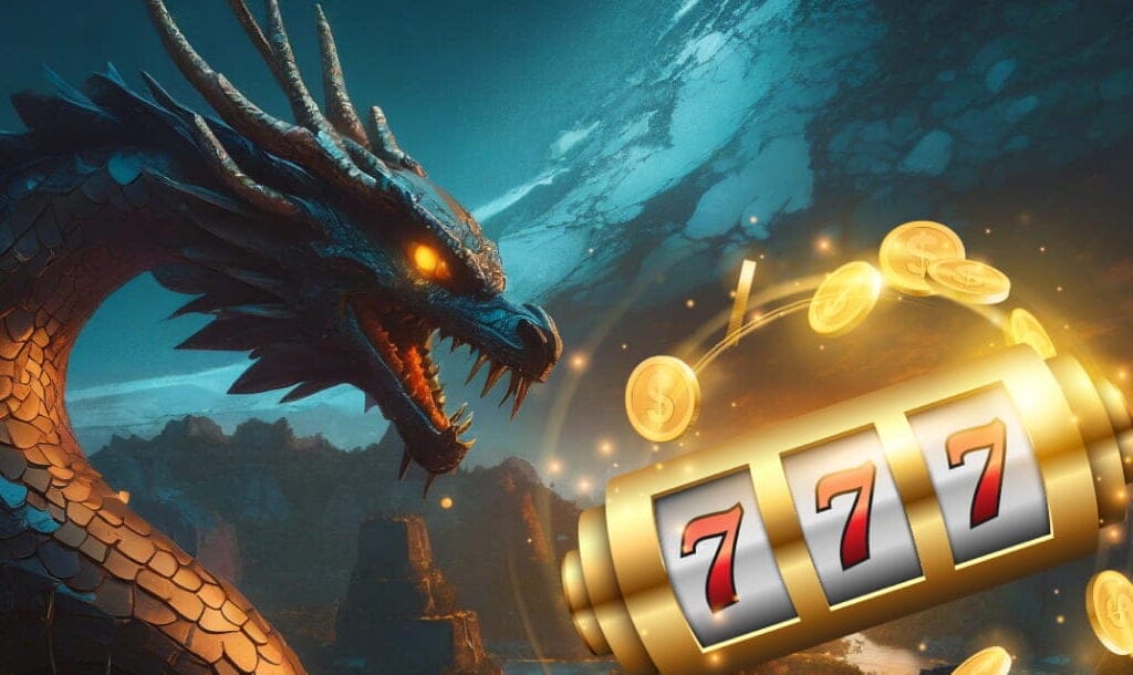 A mythical dragon with glowing orange eyes against a dramatic night sky and rocky terrain, accompanied by a golden slot machine reel displaying '777' with coins floating around it.