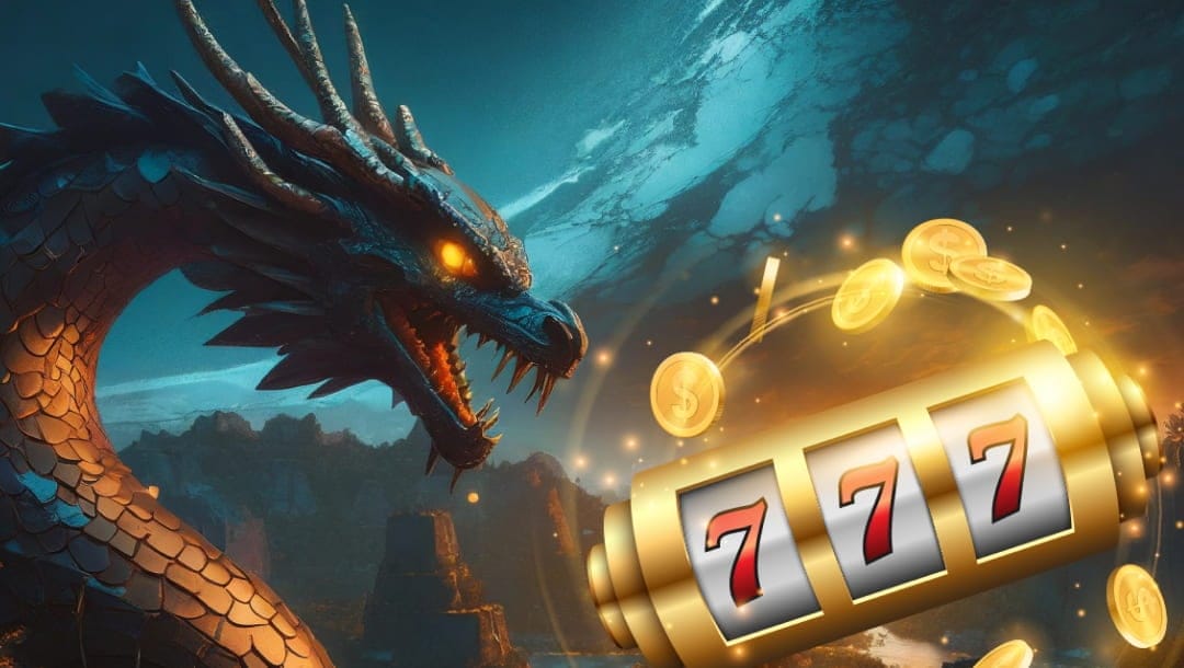 A mythical dragon with glowing orange eyes against a dramatic night sky and rocky terrain, accompanied by a golden slot machine reel displaying '777' with coins floating around it.