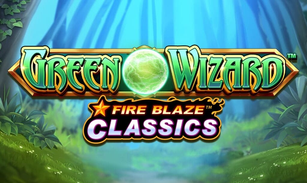 The Fire Blaze: Green Wizard online slot game banner featuring the game logo, with a forest in the background.