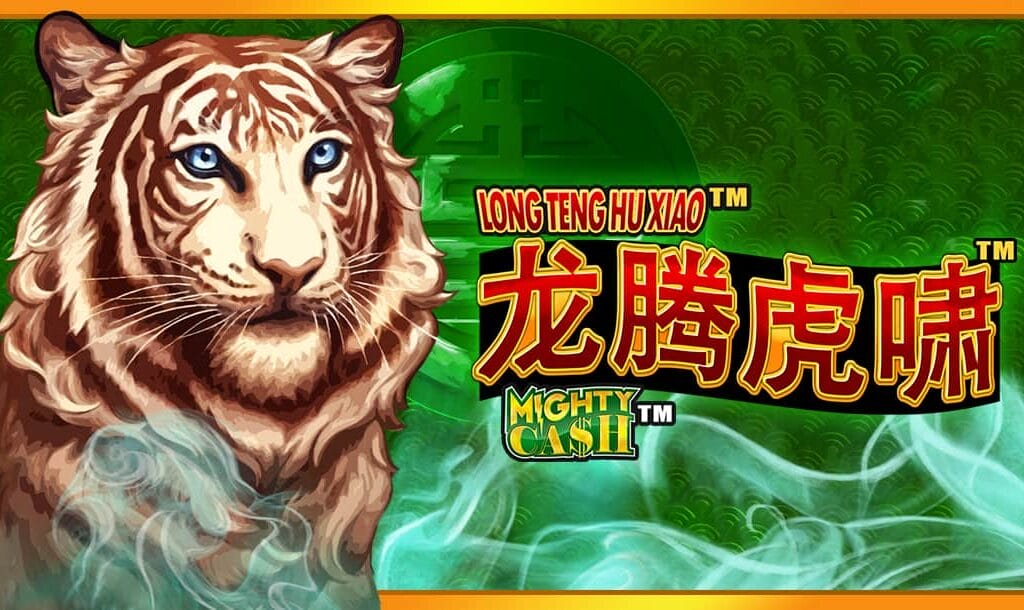 The Mighty Cash: Long Teng Hu Xiao Tiger Roars online slot game banner featuring the game name, and a golden tiger on a green background.