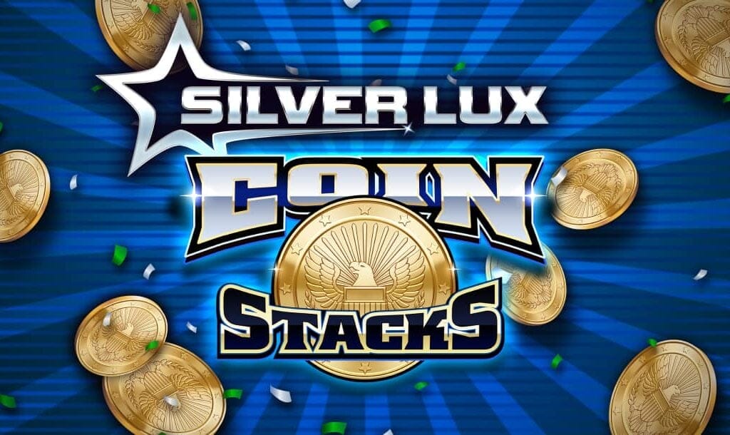 The Silver Lux: Coin Stacks title screen. The background features beams of blue light blasting outwards. Coins and ticker tape also explode out from the center of the screen. In the foreground is the game title with a large golden coin logo.