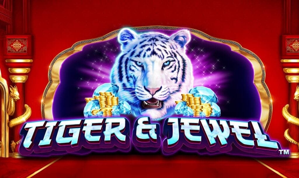 The title screen for Tiger & Jewel. The game logo is made up of a fierce, white tiger surrounded by stacks of gold coins and diamonds. The backdrop is a red room with golden details around the entrances and a pillar on either side of the room each wrapped with a gold dragon.