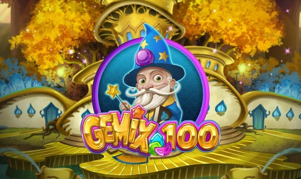 The Gemix 100 title screen. The background is a fantasy home with a mushroom-like appearance. A tree with orange and golden leaves is visible behind the house. In the foreground is the game logo with a cute wizard dressed in blue wielding a wand with a golden star on it. In front of the wizard is the game title.