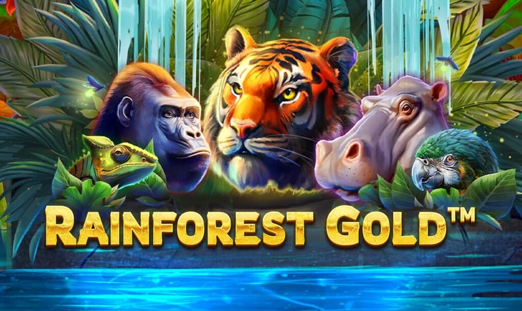 The Rainforest Gold online slot game banner featuring the game logo, a chameleon, a gorilla, a tiger, a hippo, and a parrot, with a forest setting in the background.