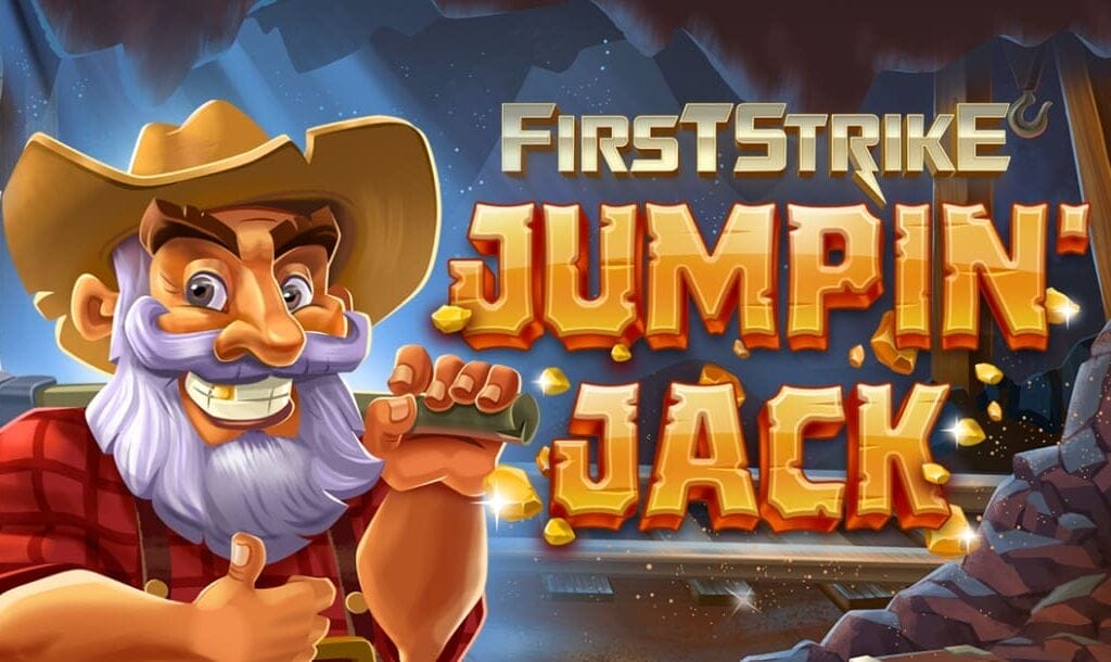 The Jumpin Jack: First Strike online slot game banner, featuring the game logo and an elderly man with a white beard holding a pickaxe in a mine in the background.