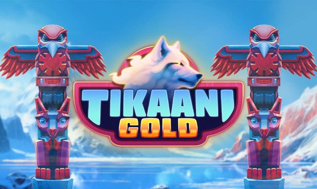 The Tikaani Gold online slot game banner featuring the game logo, two Inuit totem poles, with a frozen lake and icy mountains in the background.