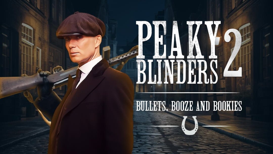 The Peaker Blinders 2: The Shelby Empire title screen. The background is a blue and purple sky with green clouds. On the left is Arthur Shelby lighting a cigar. On the right is Polly Gray. In the center is Thomas Shelby. In the foreground is the game title Peaky Blinders 2: The Shelby Empire.