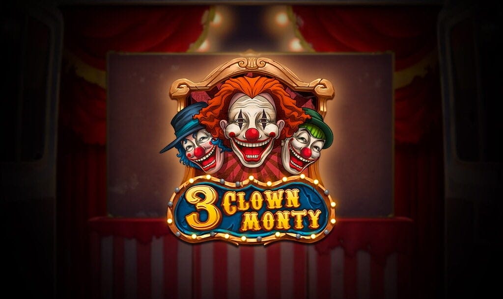 The 3 Clown Monty online slot game loading screen featuring the game logo, three clowns, and a circus tent in the background.