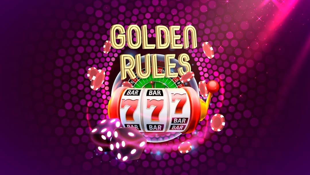 A digital image with “golden rules” written above a slot reel with 777 across and dice and chips flying through the air on a purple background