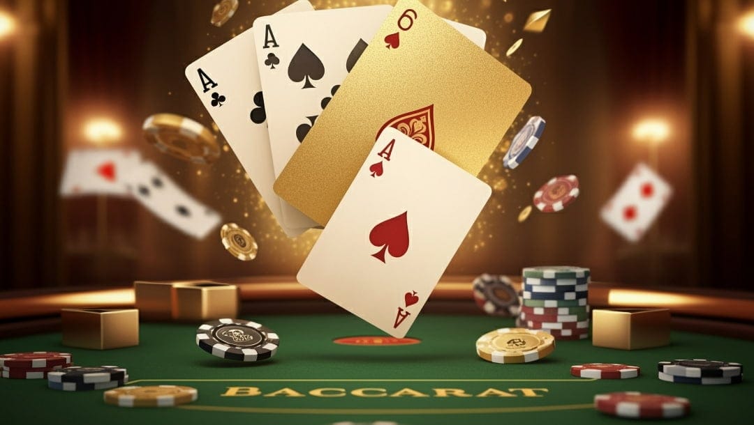 Four playing cards float above a baccarat table. These cards are three aces and a six of hearts. Cards and casino chips fly from behind these four cards. Stacks of casino chips are visible on the table below.