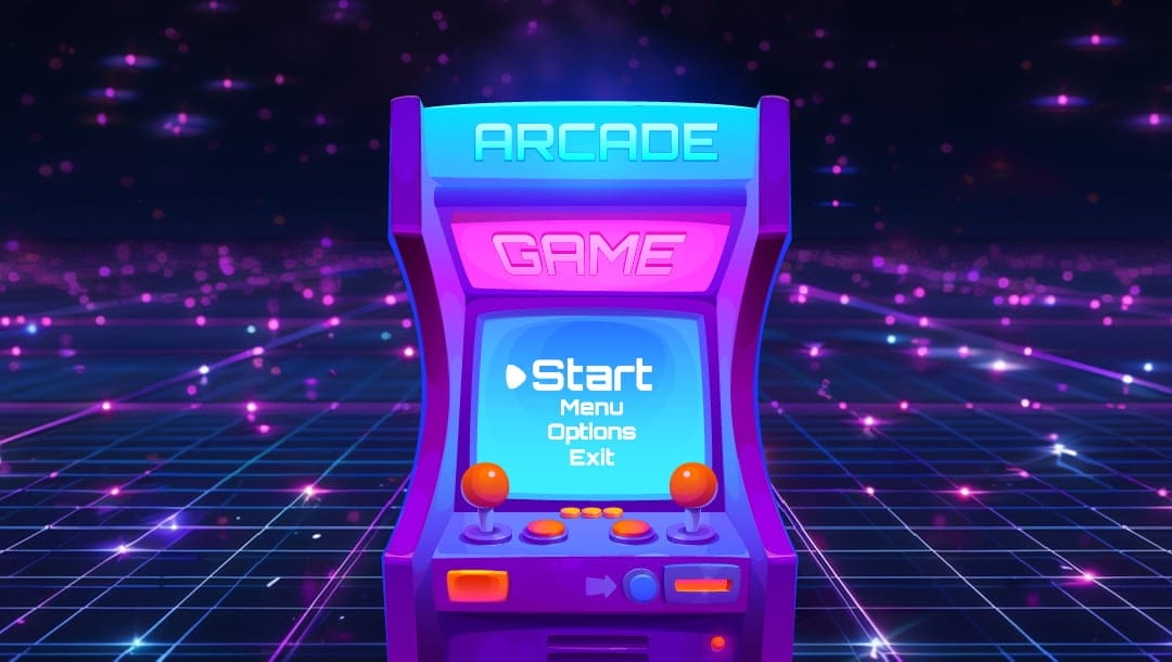 A vector illustration of an arcade game machine with a start menu displayed on the screen. The background features a neon geometric square pattern, giving it a retro-futuristic aesthetic.