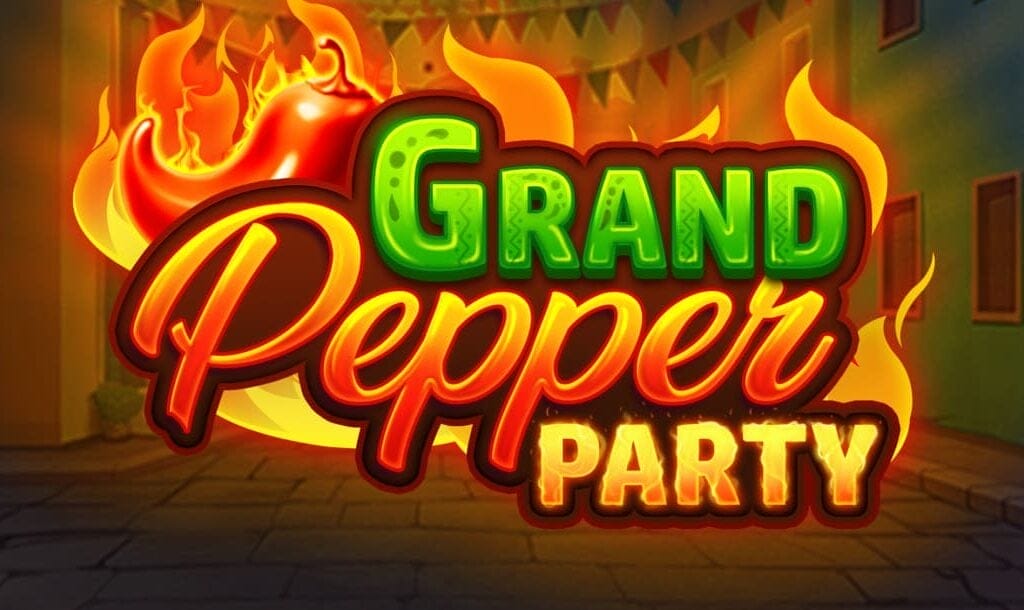 The Grand Pepper Party online slot game banner featuring the game logo with flames behind it.