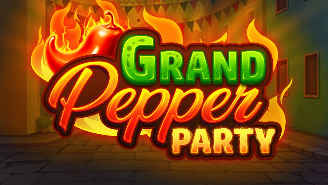 The Grand Pepper Party online slot game banner featuring the game logo with flames behind it.