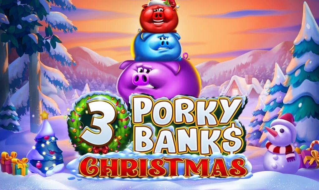 The 3 Porky Banks Christmas online slot game banner featuring the game logo, with game characters on a snowy Christmas-themed background.