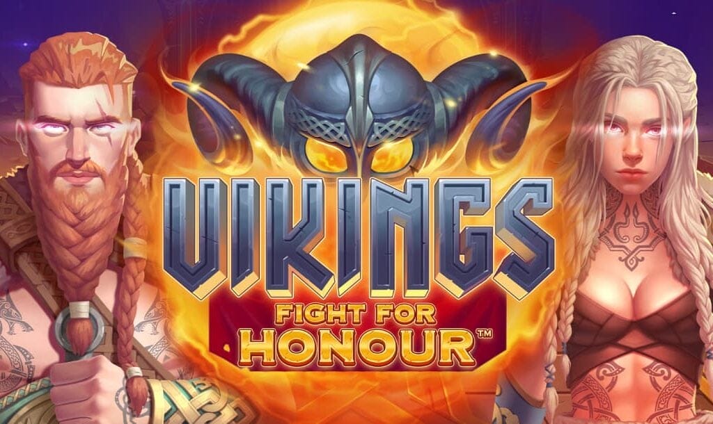 The Vikings Fight For Honour title screen. The background features a flaming Viking helmet, a male Viking with glowing eyes on the left, and a female Viking with glowing eyes on the right. In the foreground is the game title.