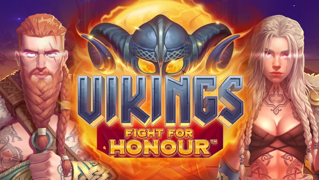 The Vikings Fight For Honour title screen. The background features a flaming Viking helmet, a male Viking with glowing eyes on the left, and a female Viking with glowing eyes on the right. In the foreground is the game title.