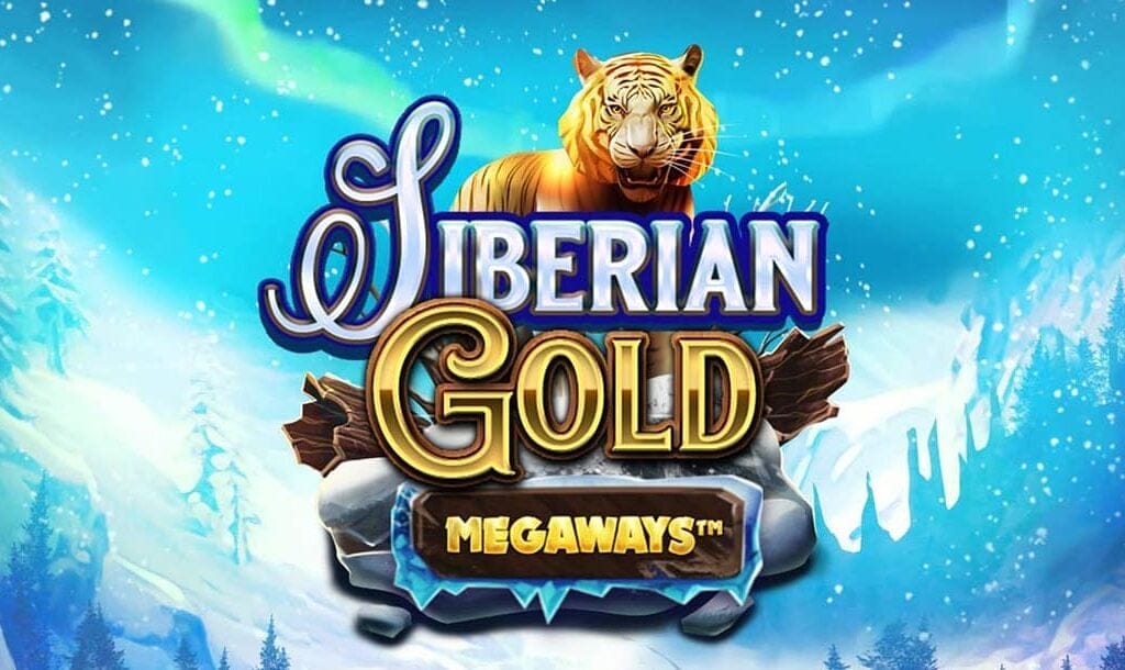 The Siberian Gold Megaways title screen. The background is a snow-covered valley with snow falling from the sky. In the foreground is the game logo featuring a golden tiger and the game title.