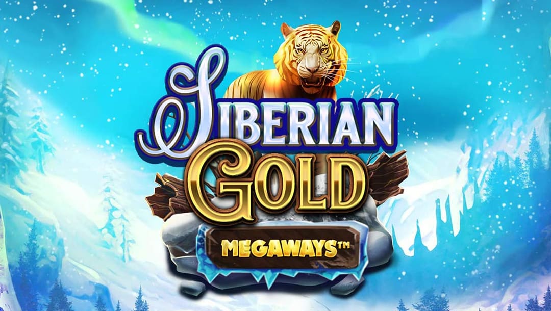 The Siberian Gold Megaways title screen. The background is a snow-covered valley with snow falling from the sky. In the foreground is the game logo featuring a golden tiger and the game title.